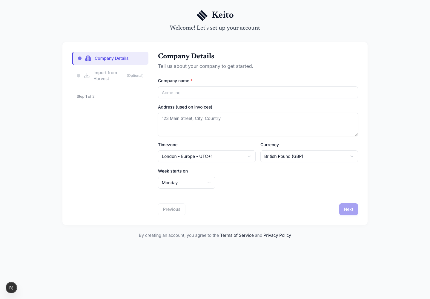 Empty Keito company details form