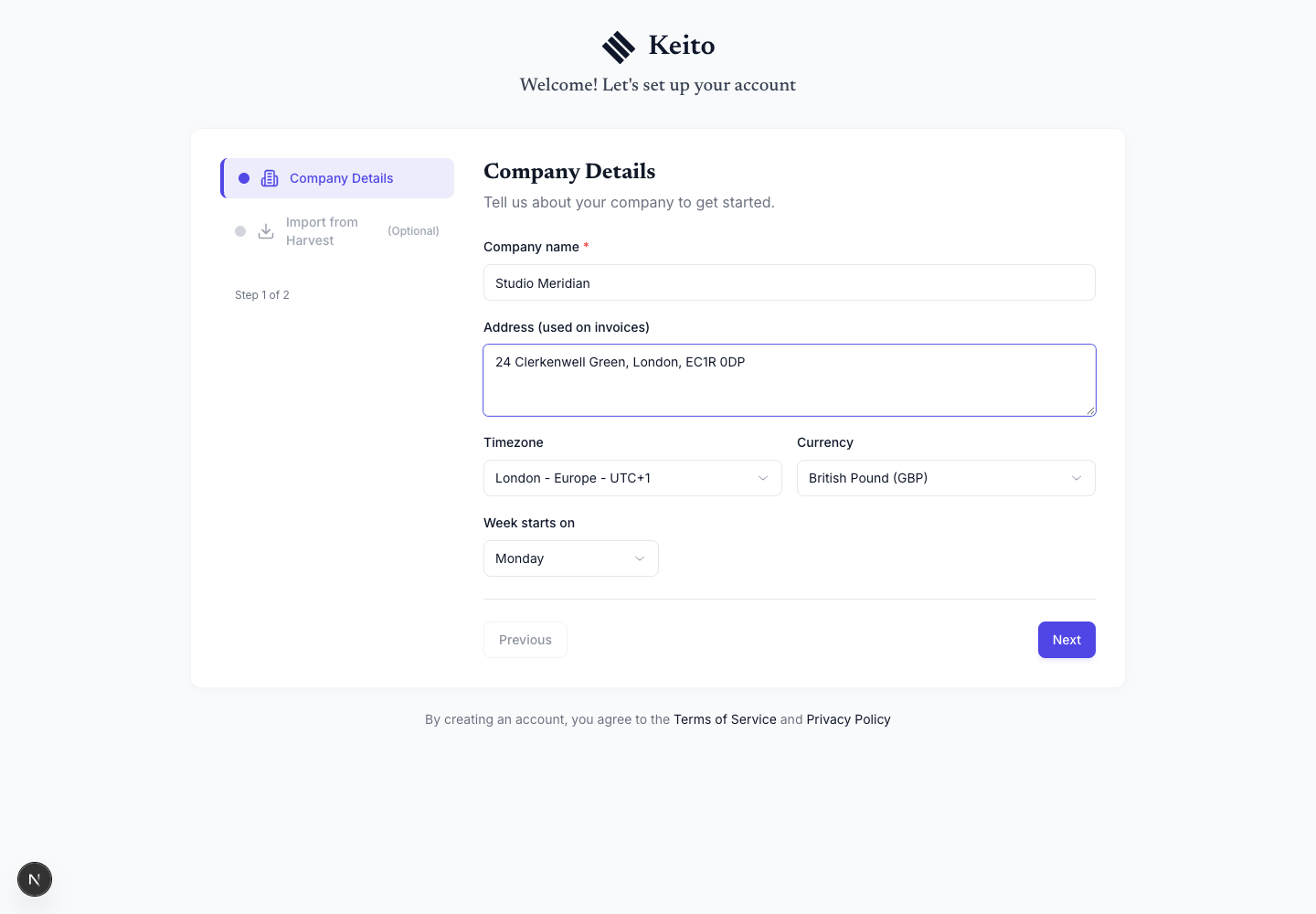 Completed Keito company details form for a fictional agency