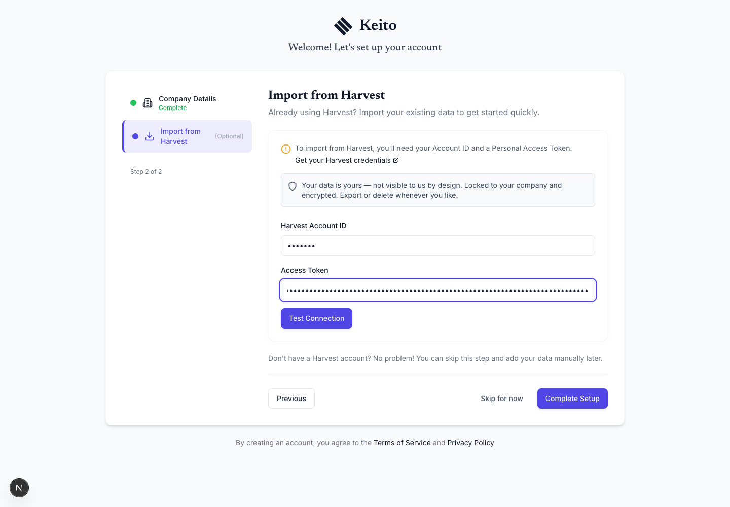 Masked Harvest Account ID and Personal Access Token