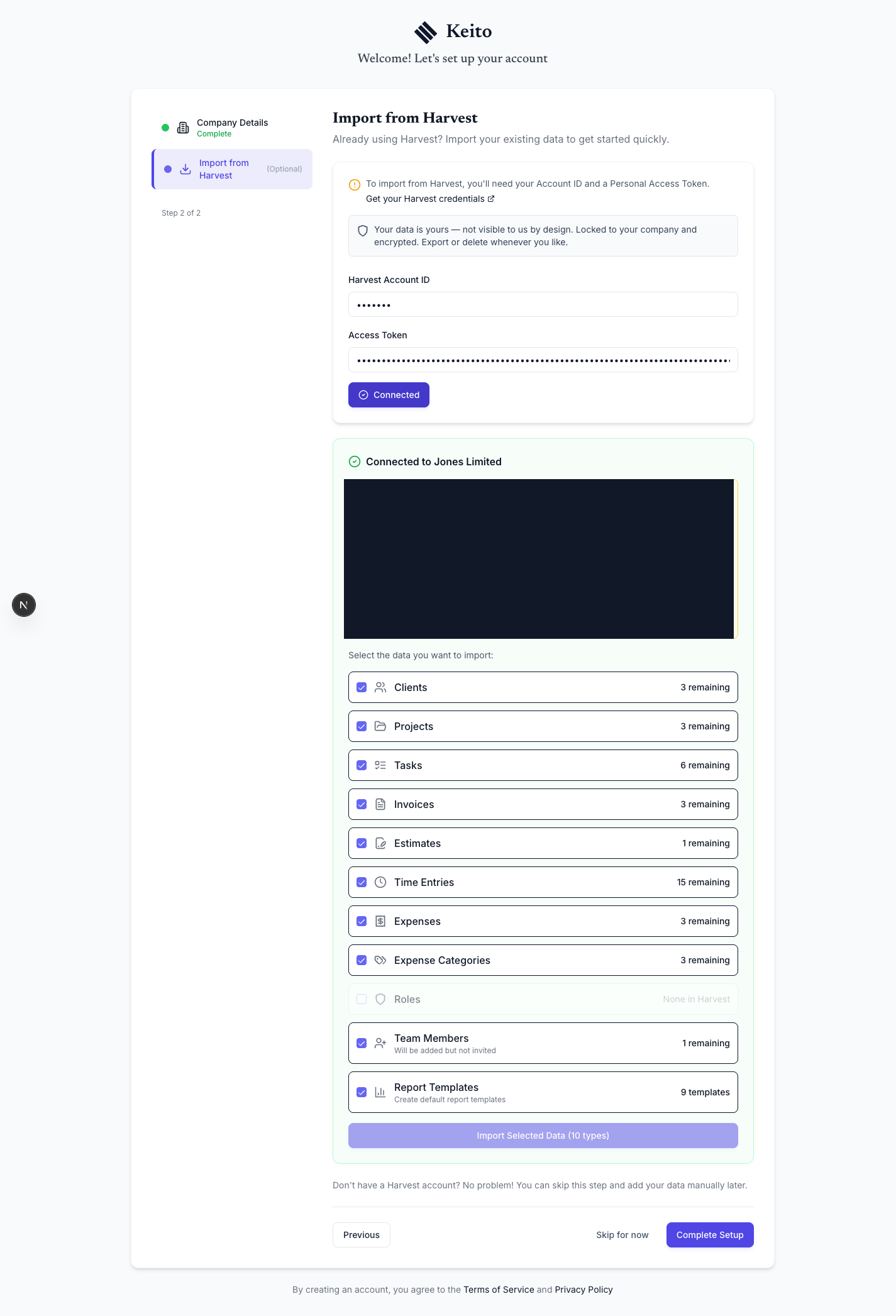 Connected Harvest account with available record counts