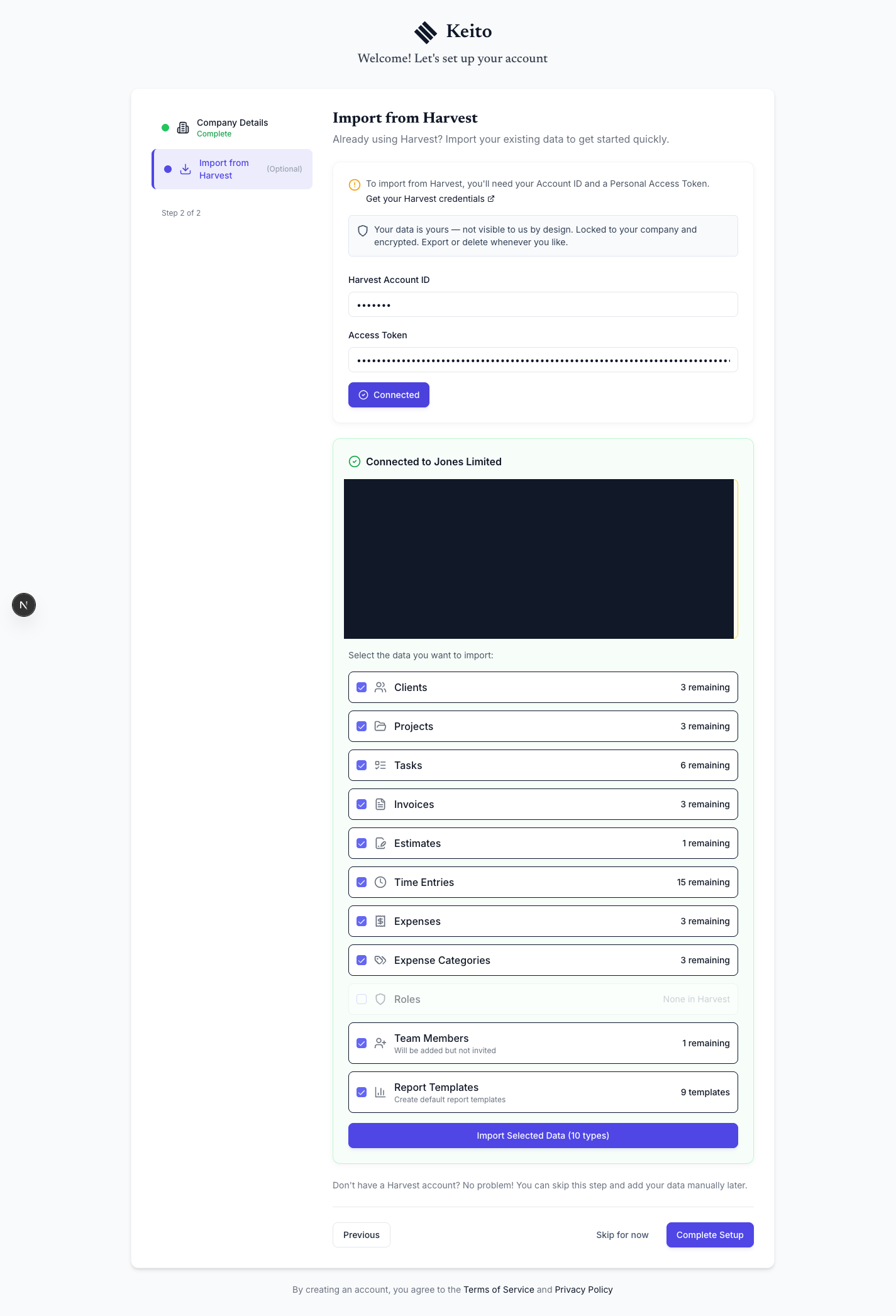 All available Harvest data types selected for import