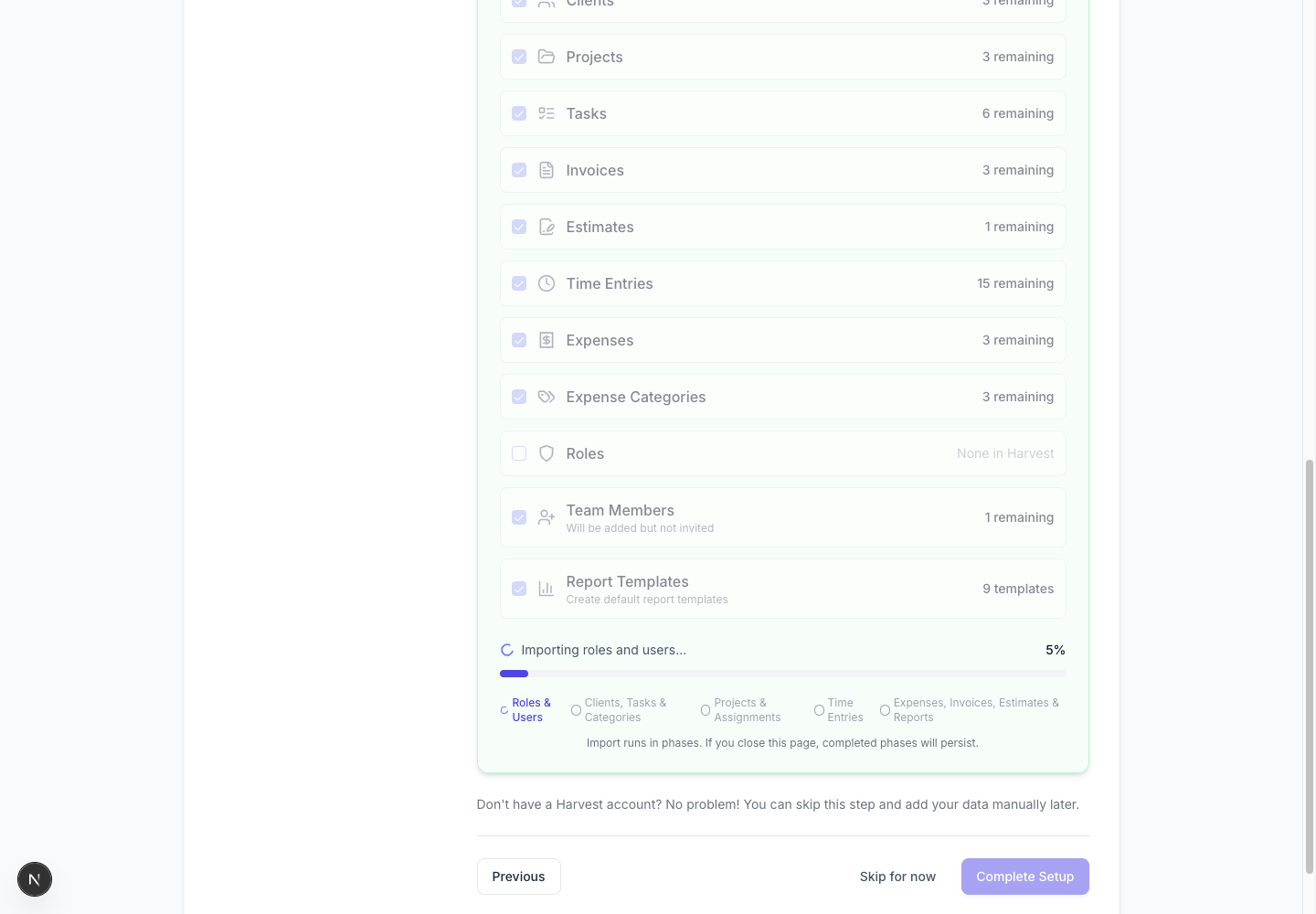 Harvest migration phase 1 importing roles and users