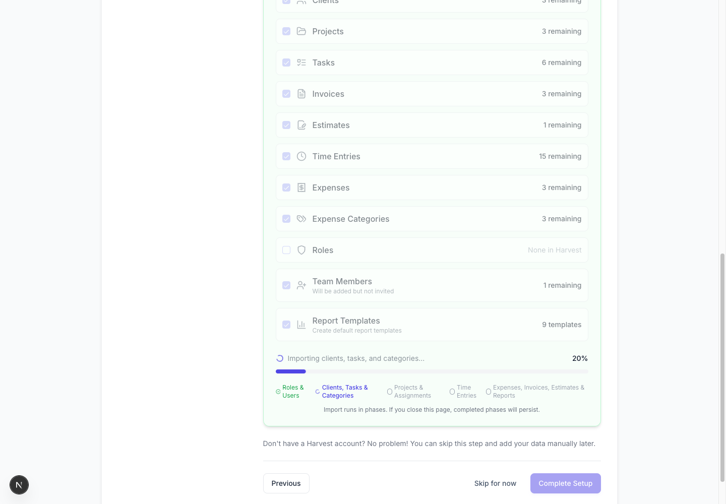 Harvest migration phase 2 importing clients tasks and expense categories
