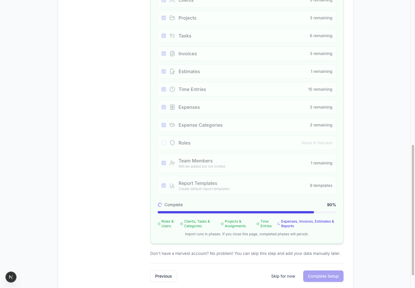 Harvest migration phase 5 importing expenses invoices estimates and reports