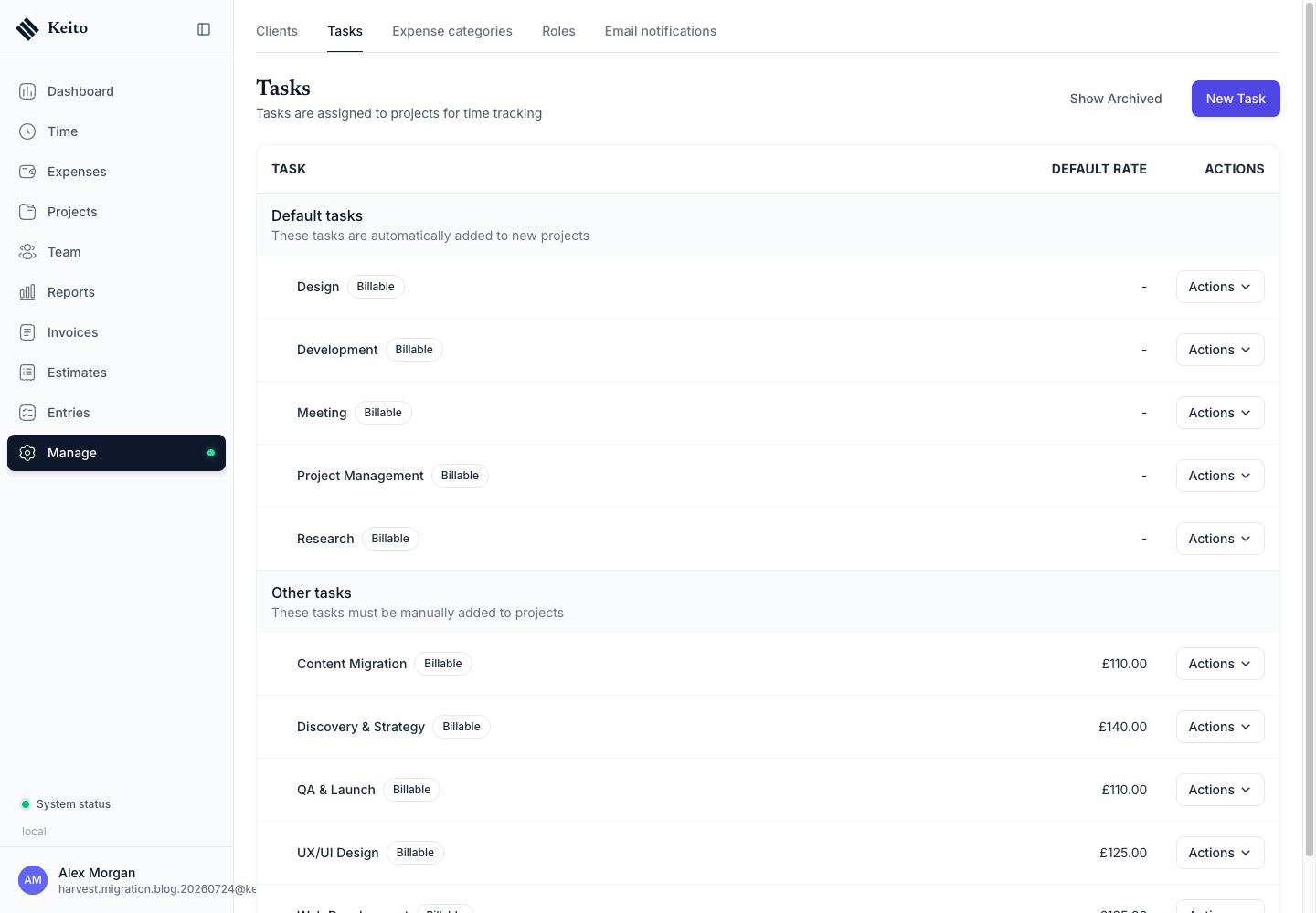 Imported Harvest tasks alongside Keito default tasks