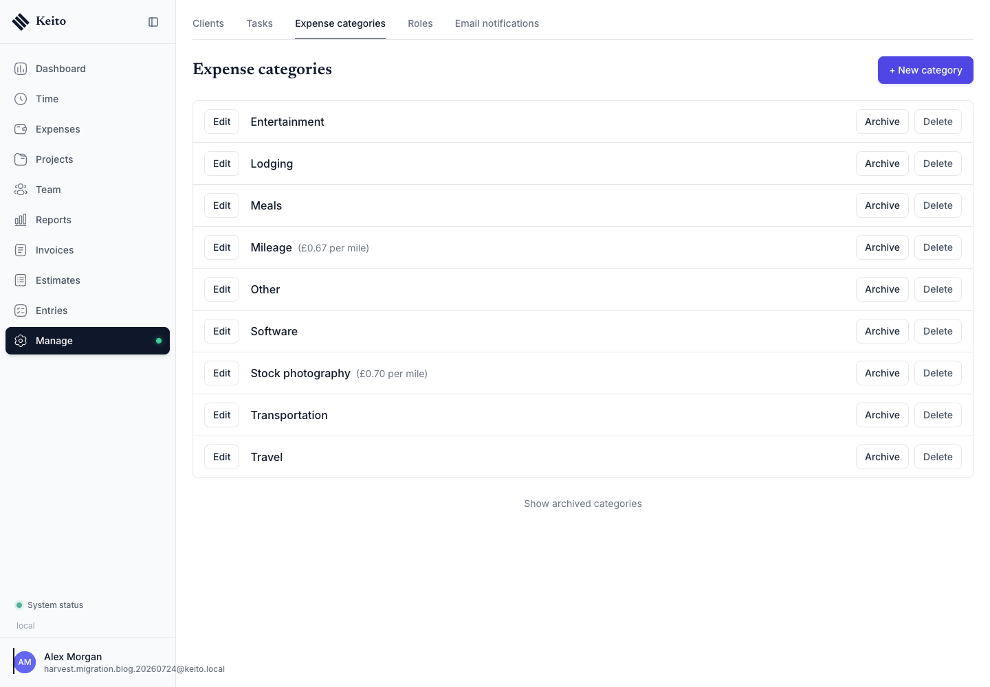 Imported Harvest expense categories alongside Keito defaults