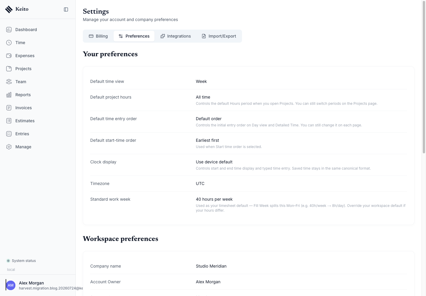 Keito workspace preferences after the Harvest migration