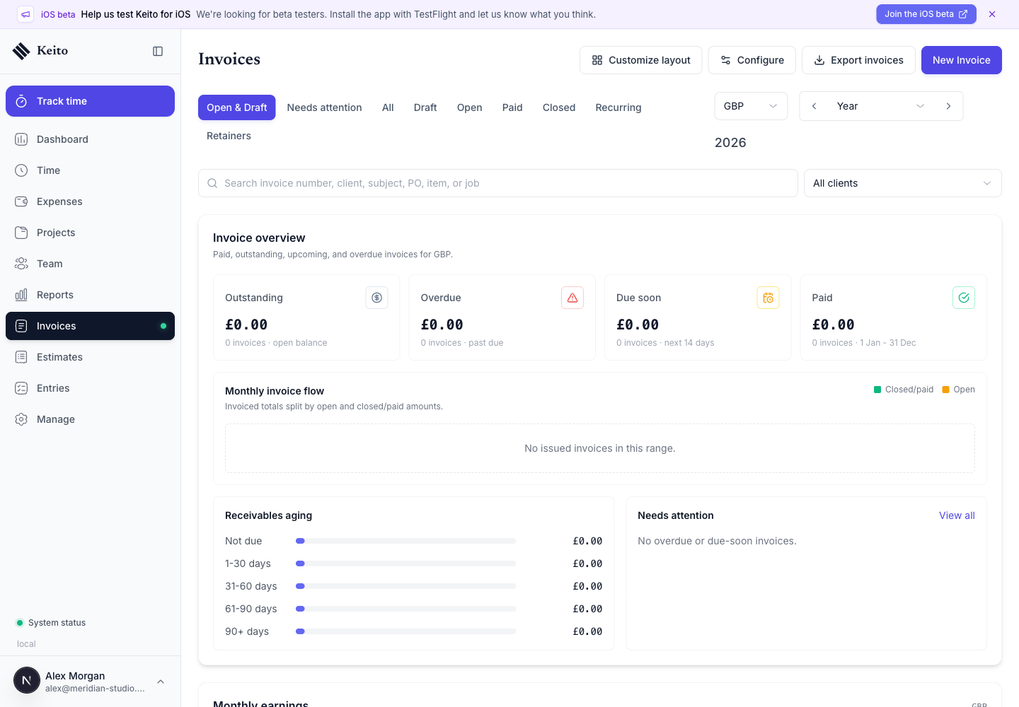 Keito Invoices page with Recurring available in the invoice navigation