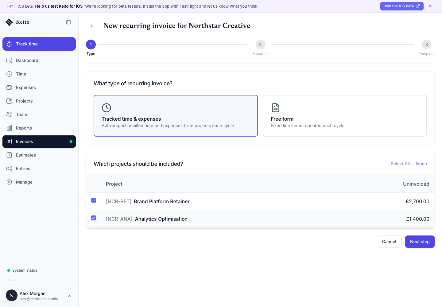 Northstar Creative recurring invoice with two selected projects and £4,100 of uninvoiced work