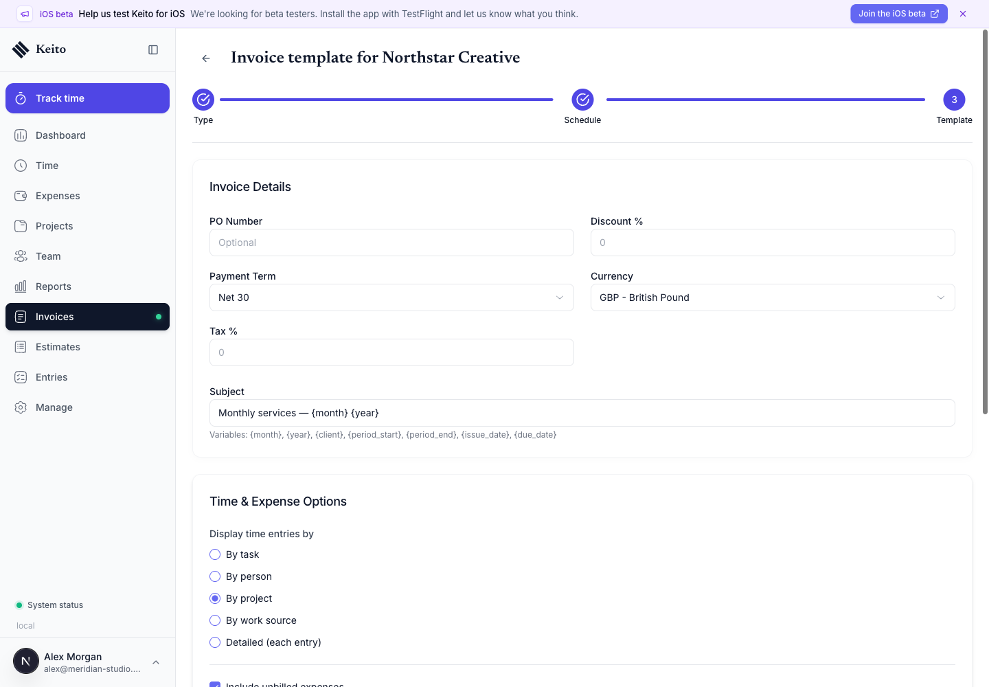 Tracked-time recurring template grouped by project with unbilled expenses included