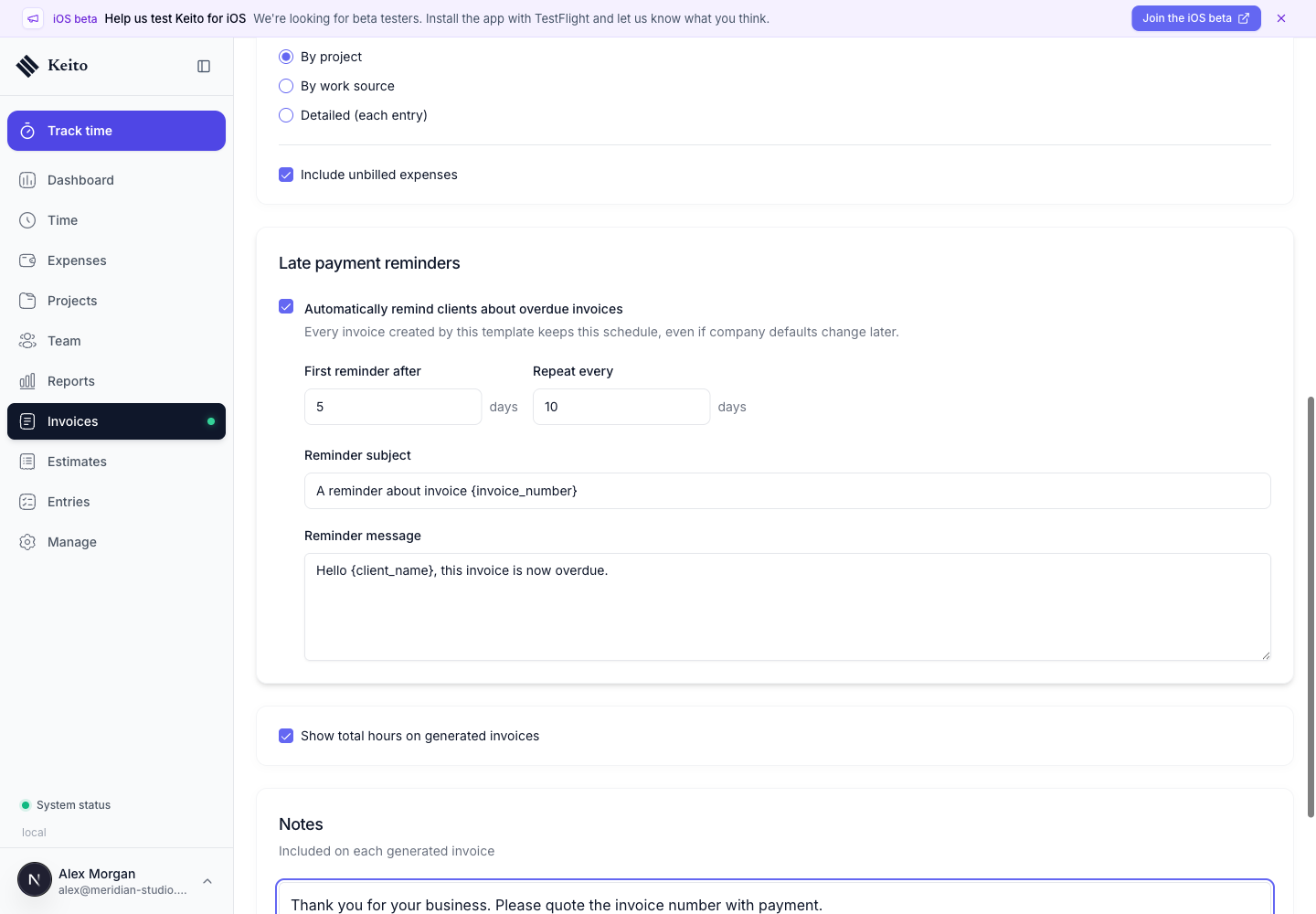 Recurring template set to send the first late-payment reminder after five days and repeat every ten days