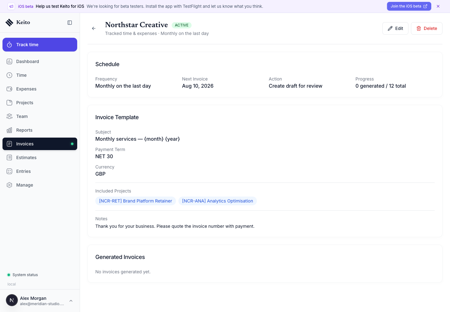 Northstar Creative recurring template detail before its first generated invoice