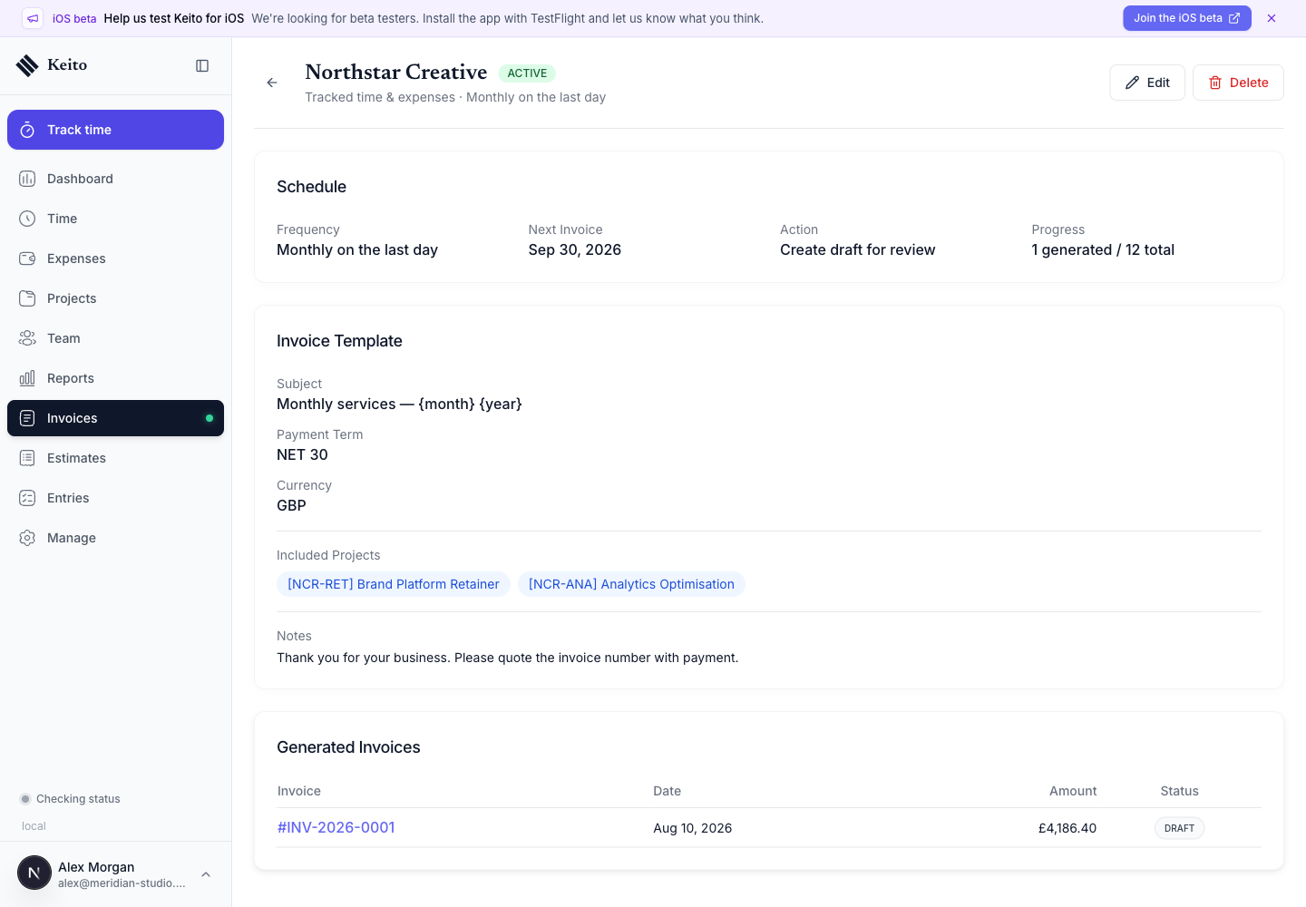 Northstar recurring template showing generated draft INV-2026-0001 for £4,186.40