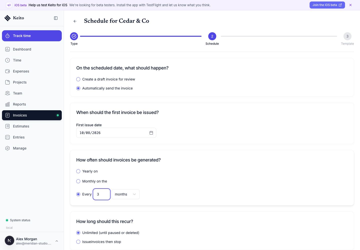 Free-form recurring invoice configured on a custom every-three-month schedule