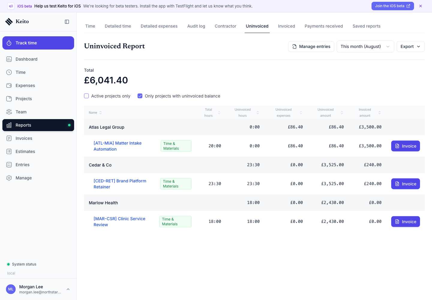 Keito uninvoiced report showing billable time and expenses ready for invoicing