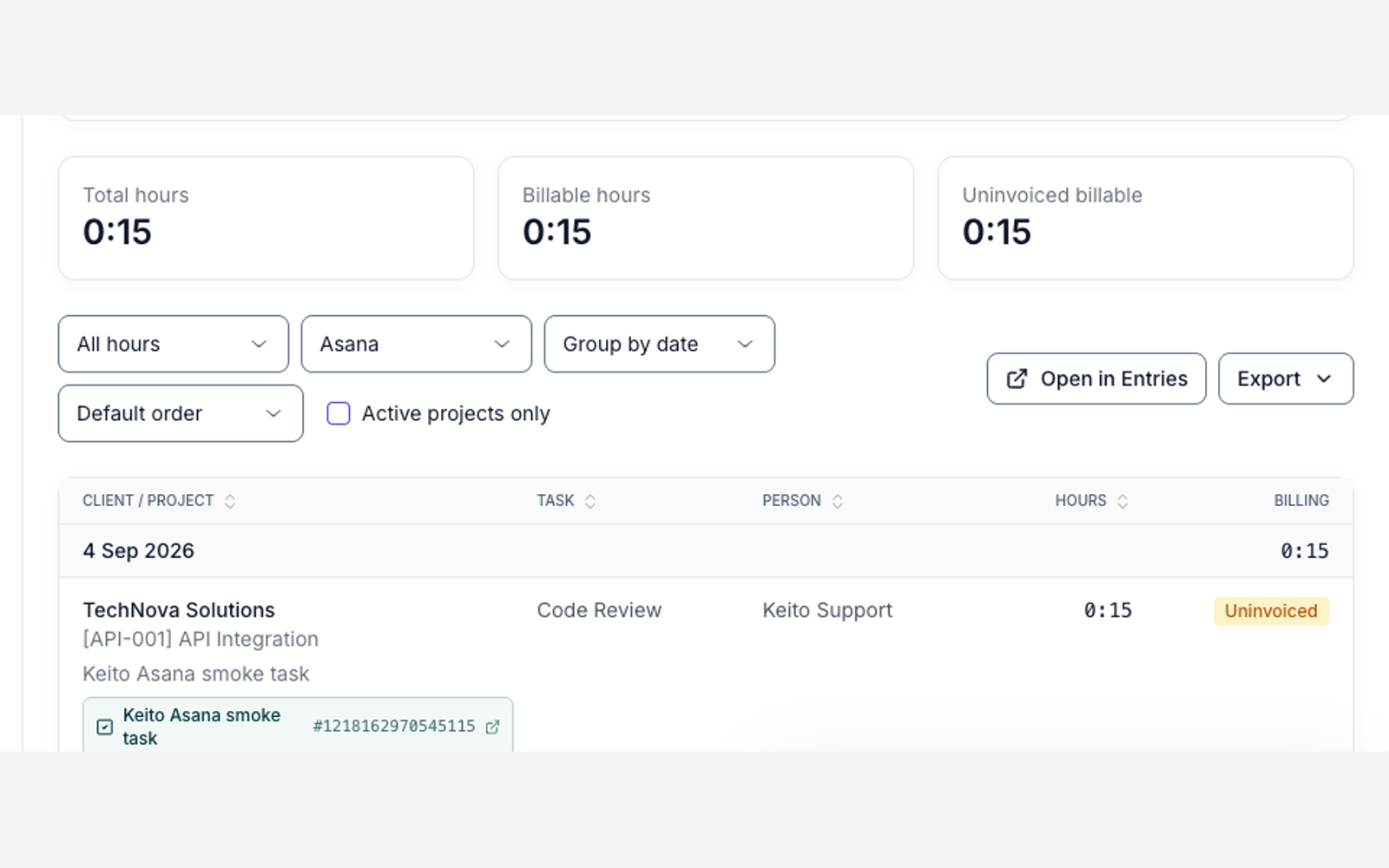 Keito detailed time report filtered to Asana showing a 15-minute billable, uninvoiced entry for the API Integration project with a link back to the Asana task