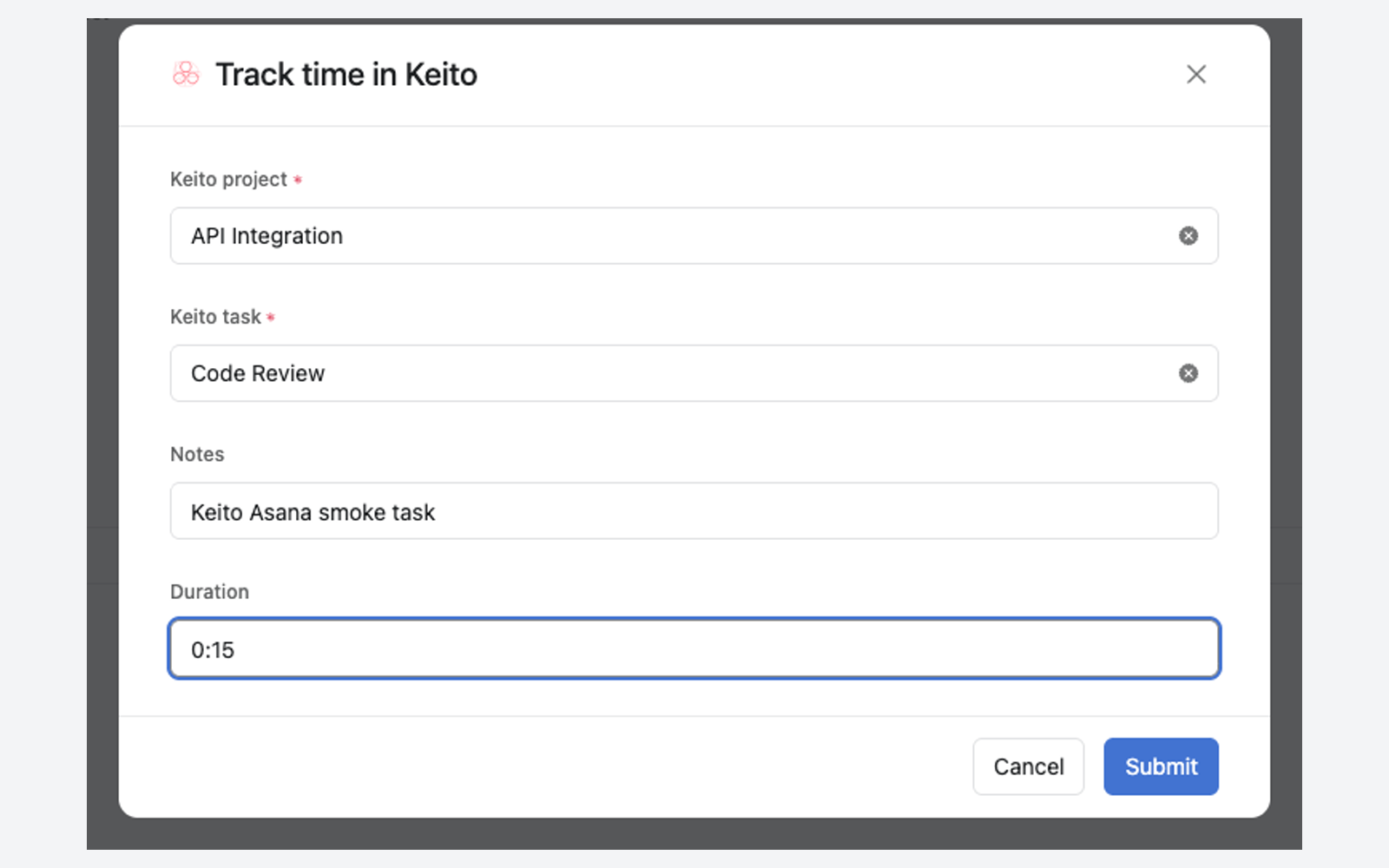 Track time in Keito form in Asana with Keito project API Integration, Keito task Code Review, notes prefilled from the Asana task name, and a duration of 0:15