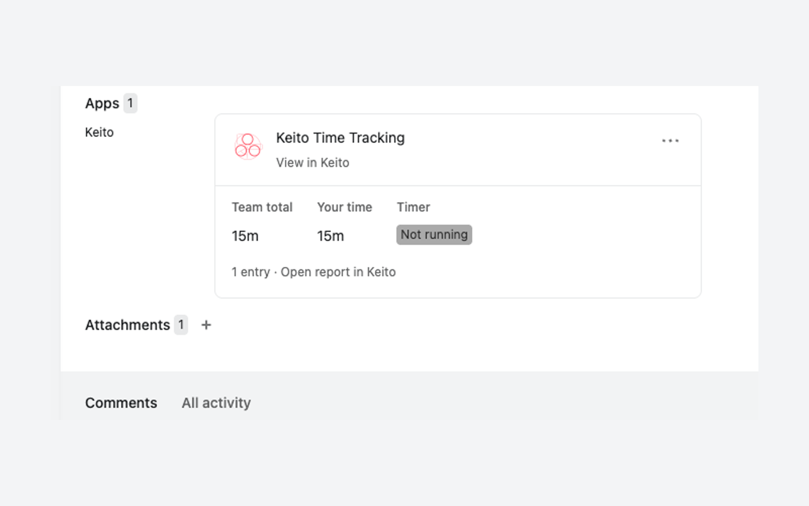 Keito Time Tracking widget on an Asana task showing a team total of 15m, your time of 15m, the timer not running, and an Open report in Keito link