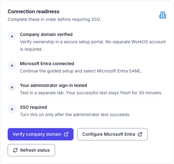 Keito Security settings showing the guided Microsoft Entra connection setup
