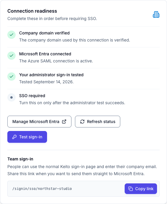 Keito Security settings showing an activated connection, successful test, and team sign-in link