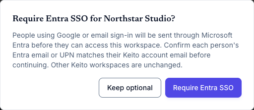 Keito confirmation before requiring Microsoft Entra SSO for a workspace