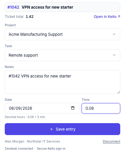 Sample Keito Zendesk sidebar showing 0.08 decimal hours and the Save entry action