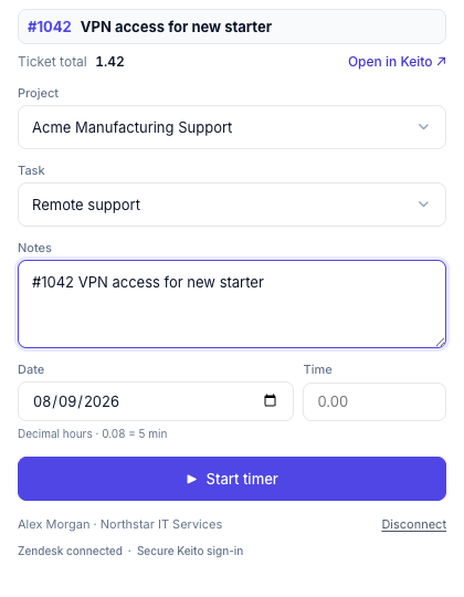 Sample Keito Zendesk sidebar showing a ticket total, project, task, editable notes, date and timer action